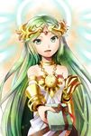  1girl artist_request azumi_(tks-sd) box gift glowing goddess green_eyes green_hair jewelry jewlery kid_icarus long_hair looking_at_viewer lots_of_jewelry necklace nintendo no_humans palutena smile solo tunic 