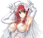  armpits blush breasts bridal_veil cleavage copyright_request covered_nipples dress formal gloves jewelry large_breasts long_hair nipples otone red_hair see-through smile solo underwear veil wedding_dress 