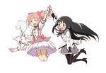  akemi_homura bad_id bad_pixiv_id black_hair blush dress high_five kaname_madoka konnota kyubey long_hair magical_girl mahou_shoujo_madoka_magica multiple_girls pantyhose pink_hair purple_eyes smile twintails white_background 