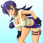  bent_over blush breasts choker cleavage covered_nipples crop_top duel_masters earrings fingerless_gloves gloves hand_on_hip hand_on_own_knee highres jewelry large_breasts long_hair looking_at_viewer midriff non-web_source purple_eyes purple_hair shiny shiny_skin shorts smile solo tank_top tasogare_mimi thigh_strap tsumitani_daisuke 