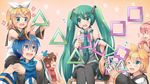  4girls aqua_eyes aqua_hair blonde_hair blue_eyes blue_hair blush hair_ornament hair_ribbon hairclip hatsune_miku kagamine_len kagamine_rin kaito long_hair megurine_luka meiko multiple_boys multiple_girls open_mouth project_diva_(series) ribbon shinyae twintails vocaloid 