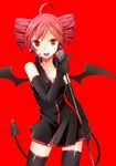  ahoge bat_wings demon_tail dress drill_hair elbow_gloves gloves kasane_teto looking_at_viewer microphone microphone_stand open_mouth pink_hair red_background red_eyes short_dress short_hair simple_background solo star star-shaped_pupils symbol-shaped_pupils tail thighhighs toudou_charo twin_drills twintails utau wings zettai_ryouiki 