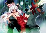  2boys anger_vein bad_id bad_pixiv_id blush breasts fujiwara_no_mokou hetero kicking leg_lift long_hair multiple_boys naked_suspenders nipples pants pussy puyo rape red_eyes sex silver_hair small_breasts suspenders tears topless torn_clothes torn_pants touhou translated vaginal very_long_hair 