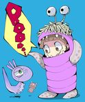  blue_background boo_(monsters_inc.) brown_eyes brown_hair child costume creature cyclops doll english grin ikuchi_osutega lizard monster monsters_inc. one-eyed randall_boggs sharp_teeth simple_background smile teeth tentacles 