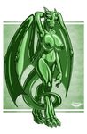  big_breasts breasts dragon female green_eyes horn latex looking_at_viewer nipples notorious84 nude pinup pose pussy rubber smile solo standing wings 