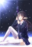  black_hair highres kazeno long_hair pointy_ears purple_eyes school_uniform shining_(series) shining_wind sitting solo sword thighhighs weapon xecty_ein 