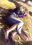  closed_eyes dutch_angle emilio_michaelov feathers full_body green_hair male_focus nakajima_majikana pants pillow psychic_force shirt shoes sleeping solo wings 