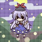  1girl bad_id bad_pixiv_id blue_hair chibi dress full_moon fushigi_ebi hand_on_hip hat kamishirasawa_keine long_hair moon outline smile solid_oval_eyes solo touhou 