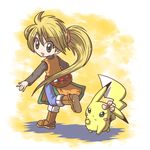  :d blonde_hair boots chuchu_(pokemon) flower fushigi_ebi gen_1_pokemon green_eyes long_hair looking_back no_hat no_headwear open_mouth pikachu poke_ball pokemon pokemon_(creature) pokemon_special ponytail smile waist_poke_ball yellow_(pokemon) 