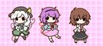  3girls bad_id bad_pixiv_id brown_hair chibi fushigi_ebi hairband hat hat_ribbon komeiji_koishi komeiji_satori long_hair multiple_girls necktie no_hat no_headwear outline plaid plaid_background purple_hair ribbon smile solid_oval_eyes third_eye touhou usami_renko white_hair 