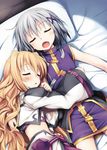  bed black_hair blonde_hair blush buckle closed_eyes hair_ornament kusakami_akira long_hair lying lyrical_nanoha mahou_shoujo_lyrical_nanoha mahou_shoujo_lyrical_nanoha_a's mahou_shoujo_lyrical_nanoha_a's_portable:_the_battle_of_aces mahou_shoujo_lyrical_nanoha_a's_portable:_the_gears_of_destiny material-d multicolored_hair multiple_girls on_back on_bed on_side open_mouth pillow short_hair silver_hair sleeping u-d 