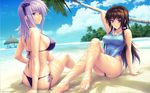  arm_support barefoot beach bikini breasts cloud competition_swimsuit covered_navel crossed_legs cryska_barchenowa day feet hand_behind_head highres impossible_clothes impossible_swimsuit jewelry jpeg_artifacts large_breasts legs long_hair looking_at_viewer looking_back multiple_girls muvluv muvluv_alternative muvluv_total_eclipse navel necklace official_art one-piece_swimsuit outdoors palm_tree purple_hair sayori shirt short_hair side-tie_bikini sideboob sitting sky strap_gap string_bikini swimsuit takamura_yui taut_clothes taut_shirt toe-point tree wallpaper 