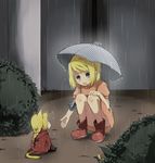  1girl alphonse_elric animal_ears bad_id bad_pixiv_id blonde_hair blue_eyes boots bush cat_ears cat_tail edward_elric fullmetal_alchemist kemonomimi_mode mitsu_yomogi polka_dot polka_dot_umbrella rain rubber_boots snail squatting tail themed_object umbrella winry_rockbell 