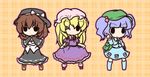  3girls backpack bag blonde_hair blue_hair brown_hair capelet chibi crossed_arms fushigi_ebi hair_bobbles hair_ornament hat hat_ribbon kawashiro_nitori long_hair maribel_hearn multiple_girls one_eye_closed outline plaid plaid_background ribbon smile solid_oval_eyes touhou two_side_up usami_renko 