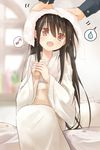  black_hair bottle brown_eyes drying drying_hair efe eighth_note houraisan_kaguya japanese_clothes kimono long_hair md5_mismatch musical_note open_mouth sitting smile solo_focus speech_bubble spoken_musical_note spoken_sweatdrop sweatdrop touhou towel 