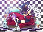  animal_ears blue_hair bunny_ears checkered cosmic_break couch dice gloves high_heels mask multiple_girls patty_lop pillow purple_hair red_eyes renny_lop shoes thighhighs tsukinami_kousuke yellow_eyes 