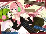  blue_eyes earmuffs elbow_gloves gloves green_hair gumi happy_synthesizer_(vocaloid) hiro_satochi long_hair megurine_luka multiple_girls pink_hair polka_dot short_hair skirt symmetrical_hand_pose vocaloid 