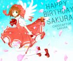  1girl bad_id bad_pixiv_id brown_hair cardcaptor_sakura dress full_body fuuin_no_tsue glove_bow gloves green_eyes happy_birthday hat highres jumping kinomoto_sakura pink_hat short_hair solo thighhighs wand white_gloves wings 