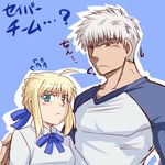  1girl archer artoria_pendragon_(all) bad_id bad_pixiv_id blonde_hair casual cosplay dark_skin dress emiya_shirou emiya_shirou_(cosplay) fate/stay_night fate_(series) green_eyes koraku_gekki older saber white_hair 