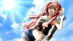  :d adapted_costume aqua_eyes bare_shoulders boots boots_removed casual cloud cross-laced_footwear day dutch_angle florence_(artist) highres holding holding_shoes knee_boots lace-up_boots long_hair looking_at_viewer megurine_luka midriff navel open_mouth outdoors over_shoulder pink_hair shoes shorts sky smile solo sun unbuttoned unzipped vocaloid wallpaper yellow_footwear 