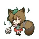  animal_ears blush brown_eyes brown_hair chibi dekasudachin futatsuiwa_mamizou glasses jug leaf leaf_on_head one_eye_closed raccoon_ears raccoon_tail smile solo tail touhou 