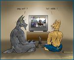  anthro anubian_jackal anubis back back_turned butt canine clothed clothing controller crossed_legs deity dialog dialogue duo english_text half-dressed jackal male mammal muscles necklace pearbear playstation_2 sitting tail_button_bottoms tail_clothing tailwag television text topless video_games 