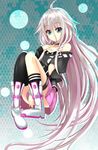  ahoge bare_shoulders blue_eyes boots braid choker eyebrows_visible_through_hair highres ia_(vocaloid) long_hair mismatched_legwear off_shoulder pink_hair single_thighhigh skirt sogaya solo thigh_strap thighhighs twin_braids very_long_hair vocaloid 