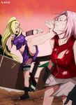  2girls bandage blonde_hair clenched_hand eyes_closed feet fighting fishnets fist foot gloves hair_ornament hair_over_one_eye hairclip haruno_sakura holster injury kicking long_hair multiple_girls naruto open_mouth pink_hair ponytail sbel02 scar scratches thigh_holster toes torn_clothes violence yamanaka_ino 