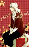  animal_ears blue_eyes cat cat_ears cat_tail christmas eyepatch gift lamento long_hair male_focus naked_cat rai_(lamento) silver_hair solo tail white_hair 