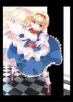  adapted_costume alice_margatroid blonde_hair blue_eyes breasts checkered checkered_floor gloves highres large_breasts meracle smile solo touhou white_gloves zoom_layer 