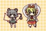  2girls animal_ears animal_print bad_id bad_pixiv_id basket bishamonten's_spear black_legwear blonde_hair chibi dowsing_rod dress fushigi_ebi grey_hair holding jewelry mouse_ears mouse_tail multicolored_hair multiple_girls nazrin outline pendant plaid plaid_background polearm smile solid_oval_eyes spear tail tail_hold tiger_print toramaru_shou touhou two-tone_hair weapon 