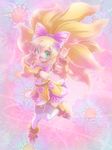  bad_id bad_pixiv_id blonde_hair blush bow floral_background full_body green_eyes hair_bow hair_ornament hairpin heart highres long_hair magical_girl no_nose original pink pink_background precure renaoka ribbon shoes skirt smile solo thighhighs white_legwear 