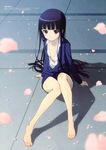  absurdres bangs barefoot black_hair blunt_bangs blurry depth_of_field feet greek_toe highres inu_x_boku_ss legs long_hair mori_sachiko official_art on_floor open_clothes open_shirt petals purple_eyes scan shadow shirakiin_ririchiyo shirt sitting solo 