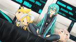  :&gt; :&lt; aqua_eyes aqua_hair bespectacled casual character_doll dutch_angle food fu-ta glasses hatsune_miku highres hood hoodie kagamine_len kagamine_rin long_hair looking_at_viewer megurine_luka mouth_hold panties pocky sitting solo thighhighs twintails underwear very_long_hair vocaloid wallpaper 