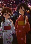  a_channel absurdres black_hair blush brown_eyes brown_hair candy_apple drill_hair fireworks food glasses highres japanese_clothes kimono long_hair multiple_girls night nishi_yuuko non-web_source official_art ponytail purple_eyes sasaki_masakatsu sky tennouji_nagisa twintails very_long_hair yukata 