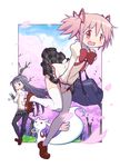  :3 akemi_homura bag black_hair black_legwear blue_eyes blue_sky blush bow cellphone cellphone_camera cellphone_charm character_doll cherry_blossoms cloud covering covering_crotch day gecchu hair_ribbon hairband highres implied_pantyshot kaname_madoka kyubey long_hair mahou_shoujo_madoka_magica multiple_girls open_mouth pantyhose petals phone pink_eyes pink_hair red_eyes ribbon school_uniform shirt shoulder_bag skirt skirt_lift sky third_eye tree twintails wavy_mouth white_legwear wind wind_lift 