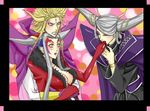  1girl 2boys alternate_costume angry blonde_hair blush bracelet breasts cape dissidia_final_fantasy dual_persona emperor_(ff2) final_fantasy final_fantasy_ii final_fantasy_viii jealous jewelry kitsuki_(chaotic-v) multiple_boys pixiv_thumbnail purple_eyes resized ring silver_hair ultimecia yellow_eyes 