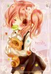  bad_id bad_pixiv_id blush bow character_name dress eating food hair_bow inu_x_boku_ss macaron momoon_karin mouth_hold one_eye_closed pink_hair red_eyes roromiya_karuta school_uniform tanuki twintails watanuki_banri 