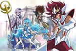  2girls armor blue_hair bodysuit casshern casshern_sins creator_connection crossover cure_marine cure_moonlight furuya_tooru heartcatch_precure! kurumi_erika long_hair magical_girl mask matirine multiple_boys multiple_girls namesake pegasus_koga precure purple_hair saint_seiya saint_seiya_omega seiyuu_connection tsukikage_yuri 