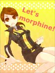  belt brown_eyes brown_hair engrish jacket long_sleeves open_mouth ponytail ranguage satou713 shorts solo tokumei_sentai_go-busters usami_youko yellow_background 