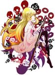  bad_id bad_pixiv_id bakemonogatari bare_shoulders barefoot blonde_hair doughnut dress food goggles helmet legs long_hair long_legs masui monogatari_(series) oshino_shinobu pointy_ears solo sword weapon yellow_eyes 