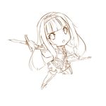  aerlai alicia_(valkyrie_profile_2) armor armored_dress chibi greaves hairband long_hair monochrome sheath sword valkyrie_profile valkyrie_profile_2 weapon 