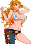  :p arm_behind_head asymmetrical_clothes bangle bikini bracelet breasts brown_eyes cameltoe cutoffs denim earrings hanzaki_jirou holster jeans jewelry large_breasts log_pose long_hair nami_(one_piece) navel nipple_slip nipples one_piece orange_hair panties pants simple_background solo swimsuit tattoo thong tongue tongue_out underwear undressing white_background 