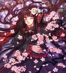  1girl black_hair dress flower frills kurosu_yuuki long_hair lying red_eyes ribbon vampire_knight 