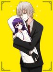  bad_id bad_pixiv_id black_gloves blonde_hair blush dakimakura_(object) formal gloves heterochromia inu_x_boku_ss male_focus miketsukami_soushi necktie pillow purple_eyes purple_hair shirakiin_ririchiyo smile solo sparkle suit suuzan 