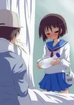  1girl bad_id bad_pixiv_id bag baseball_cap bed blanket blush botomu_(eschatology) brown_hair danshi_koukousei_no_nichijou habara_(danshi_koukousei) hat hospital hospital_bed karasawa_toshiyuki neck_brace plastic_bag school_uniform serafuku urinal_bottle vomiting 