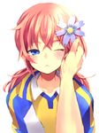  androgynous blue_eyes flower hair_flower hair_ornament hand_on_another's_face highres inazuma_eleven_(series) inazuma_eleven_go kirino_ranmaru male_focus one_eye_closed out_of_frame pink_hair pov pov_hands simple_background soccer_uniform solo_focus somezima sportswear twintails white_background 