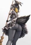  1girl alternate_costume apron ass bangs bird_tail bird_wings black_gloves black_hair black_legwear broom commentary_request enmaided eyebrows_visible_through_hair fingerless_gloves from_below gloves green_eyes grey_hair guchico hair_between_eyes head_wings holding holding_broom huge_ass kemono_friends long_sleeves looking_at_viewer maid maid_apron maid_dress maid_headdress multicolored_hair orange_hair shoebill_(kemono_friends) short_hair short_over_long_sleeves short_sleeves simple_background solo standing wings 