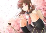  blurry brown_hair bug cherry_blossoms depth_of_field grass insect kneehighs ladybug looking_at_viewer naono original pencil petals pink_eyes school_uniform serafuku short_twintails sketchbook skirt smile solo squatting tree twintails 