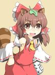  animal_ears ascot blush bow brown_eyes brown_hair cosplay detached_sleeves fang futatsuiwa_mamizou glasses hair_bow hair_ornament hair_tubes hakurei_reimu hakurei_reimu_(cosplay) hand_on_hip hecchi_(blanch) jug leaf leaf_on_head long_hair open_mouth pince-nez raccoon_ears raccoon_tail short_hair skirt smile solo tail touhou 